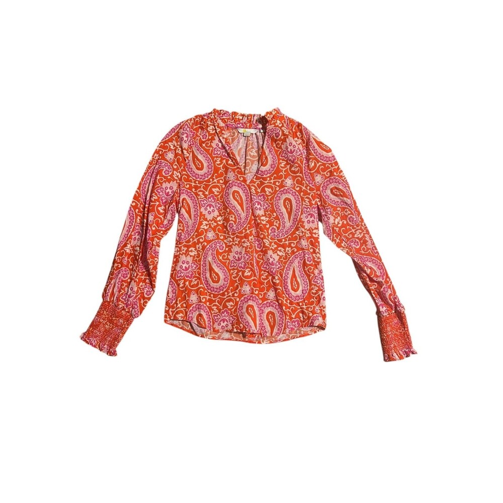 Boden Pink & Orange Paisley Ruffle Blouse Women’s Size 2 Boho Top